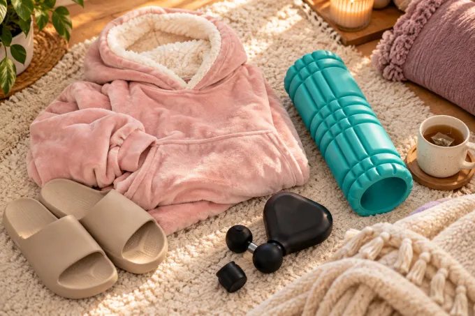 Cozy post-workout recovery gifts: a sherpa wearable blanket, recovery slides, a foam roller and a massage gun