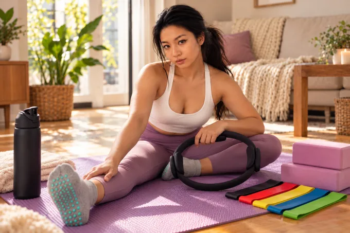 Ally stretching on a pilates mat at home with a pilates ring, yoga blocks and grip socks