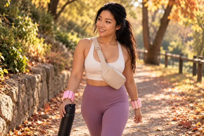 Ally walking on an autumn path with a belt bag, wrist weights and a water bottle