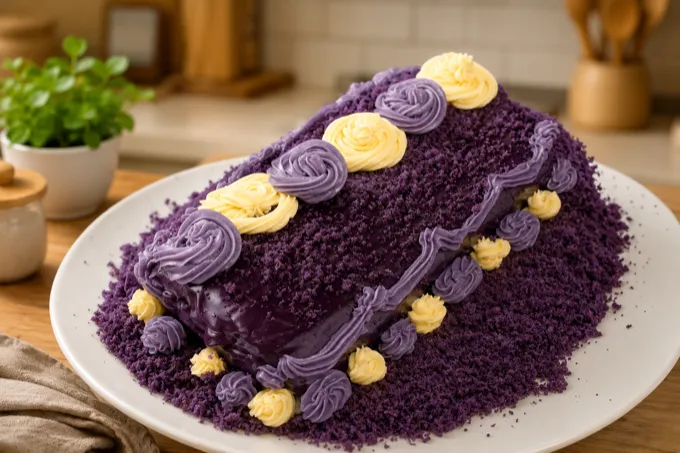 Finished ube roll cake with ganache and crumbs