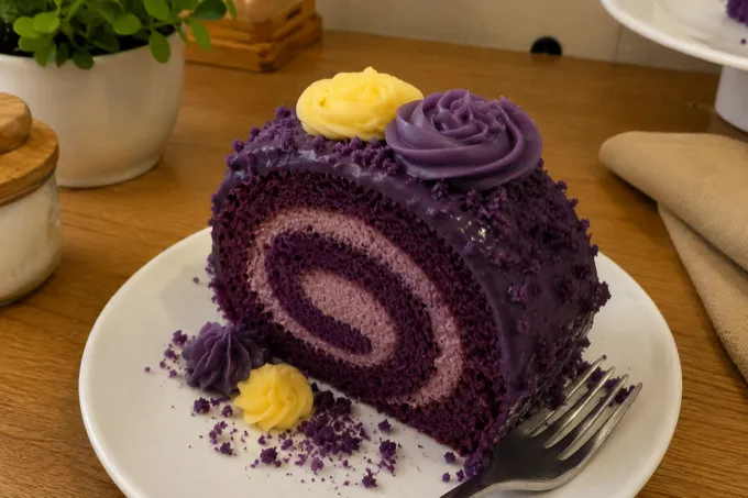 Ube roll cake fresh from the kitchen
